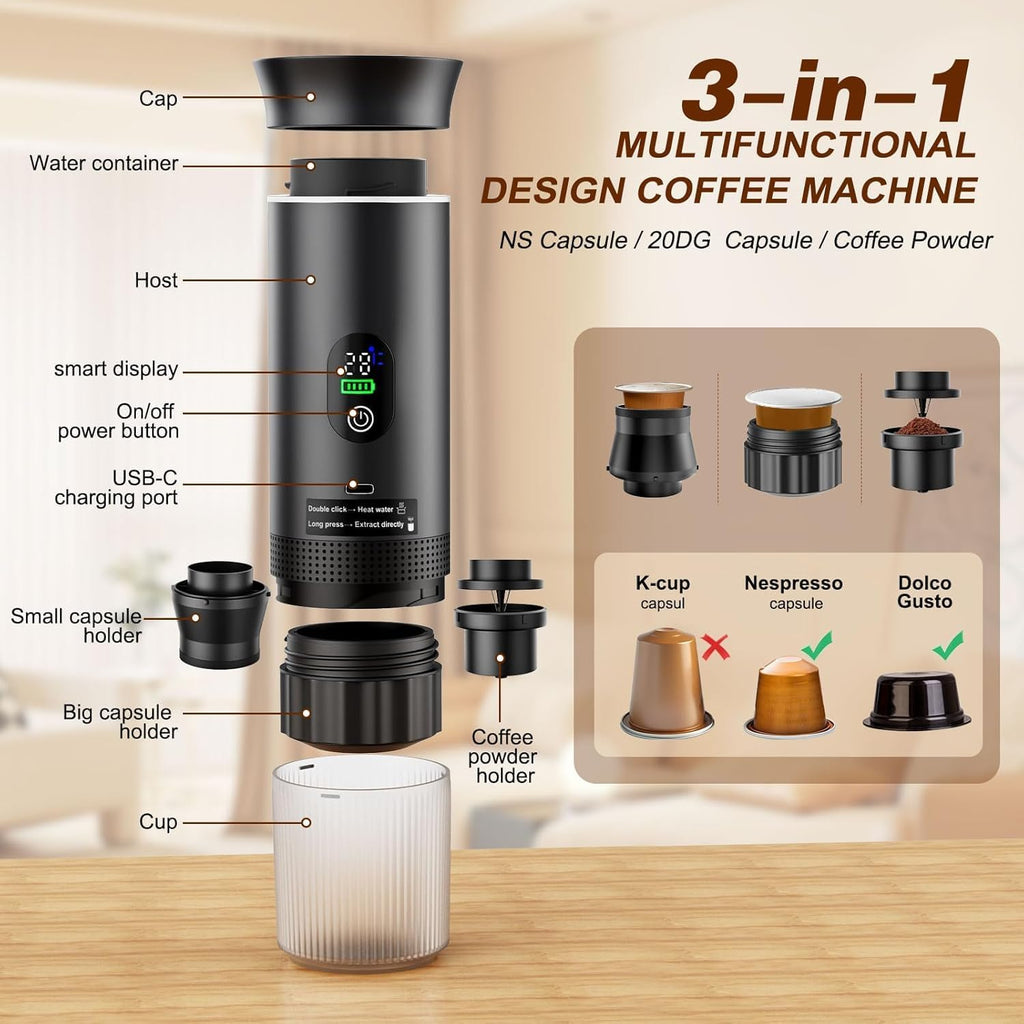 Portable Coffee Maker, Espresso Machine for Hiking Smart Display, 20 Bar Mini Travel Coffee Maker, Expresso Coffee Machines with Usb-C,3-In-1 Car Coffee Maker Self-Heating, Ground Coffee & Capsule