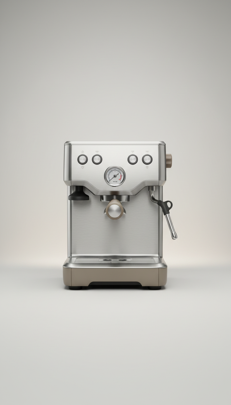 Single-shot espresso machine brushed steel with Café Taupe accents